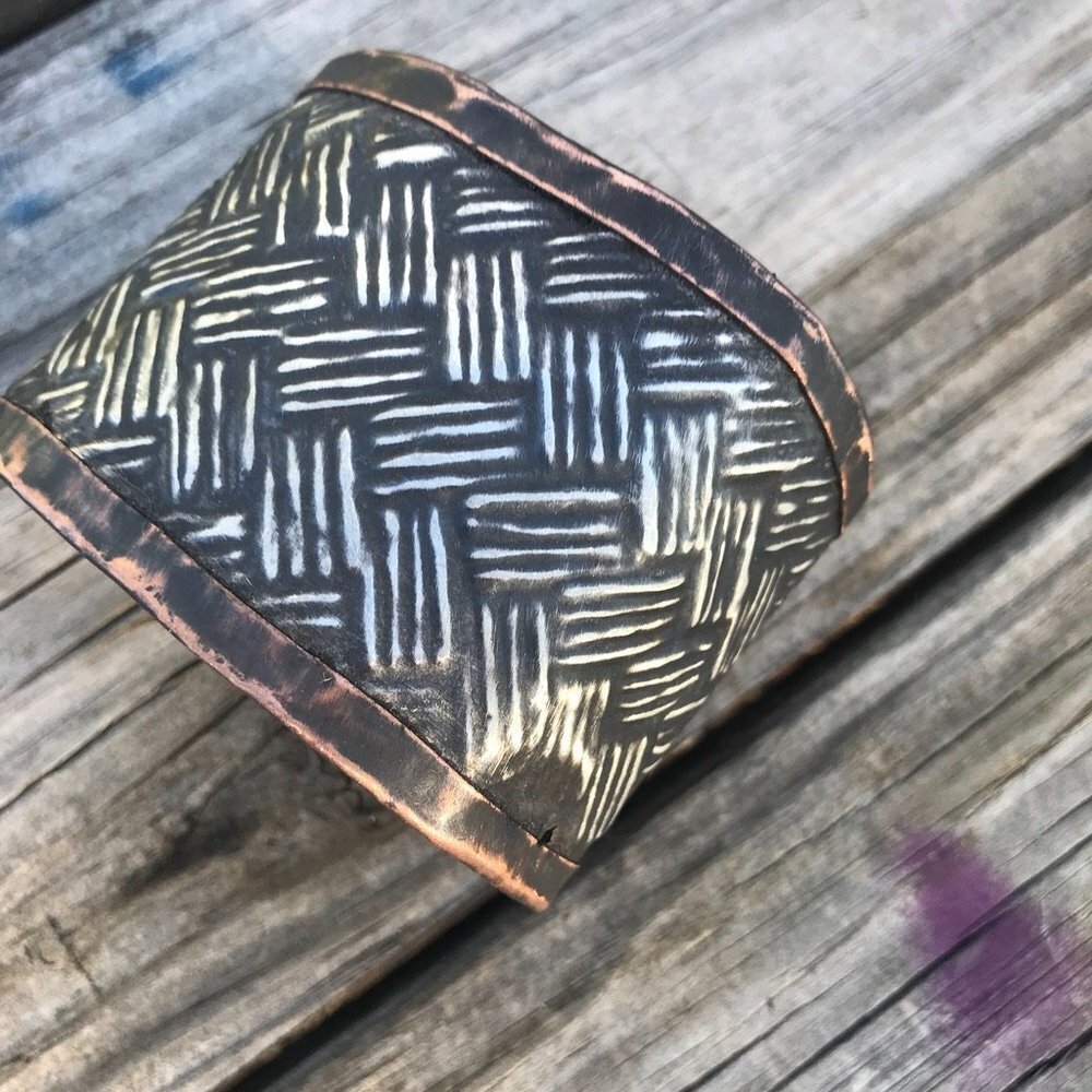 Woven Weave Embossed Sterling Silver 925 Copper Cuff Wide Rustic Handmade - Picture 9 of 13